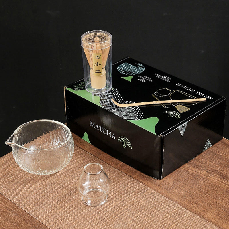 JIKANNOYA 抹茶セット 7点セット ガラス茶碗 注ぎ口付き ガラス茶筅立て お点前セット 茶道具 セット 茶杓 茶筅 茶せん 百本立 陶磁器茶杓立て くせ直し 抹茶篩 綿茶巾 初心者 お手入れも簡単 母の日 父の日 誕生日 贈り物 ギフトボックス
